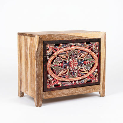 Wooden Carved Bedside Table 'Sekar' - Natural and Multicolor Red - 50cm