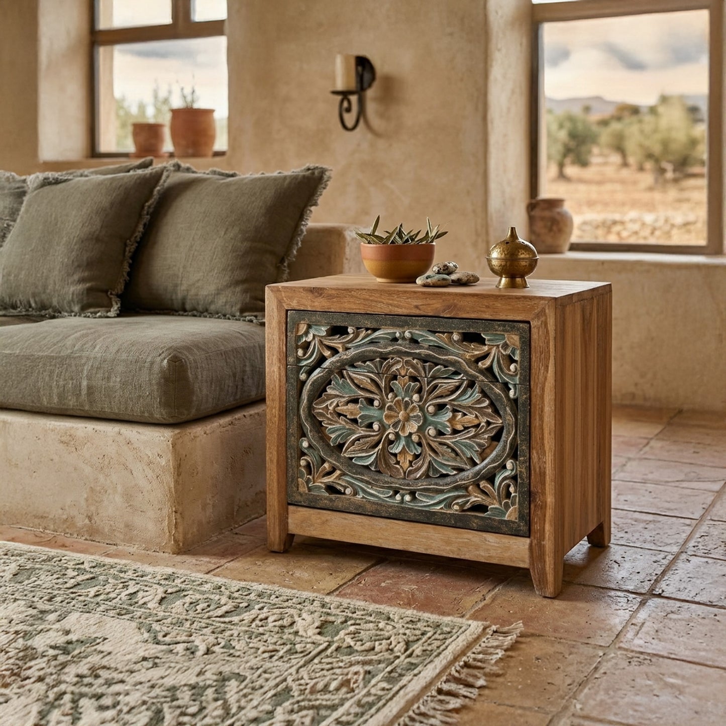 Wooden Carved Bedside Table 'Sekar' - Natural and Multicolor Blue - 50cm