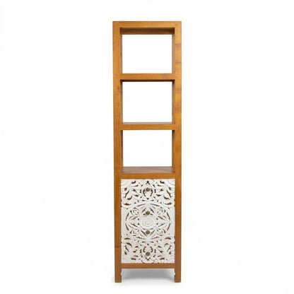 Teak Wood Hand-Carved Tall Display Shelf Cabinet with Drawers 'Mahesa' – 180 cm - Natural & White