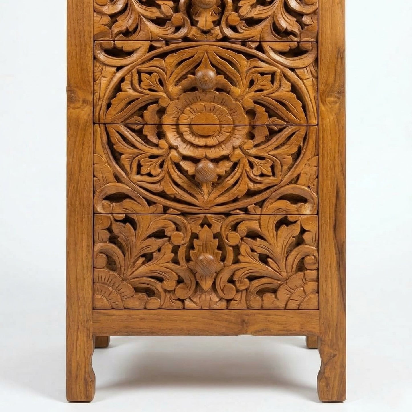 Teak Wood Hand-Carved Tall Display Shelf Cabinet with Drawers 'Mahesa' – 180 cm – Natural