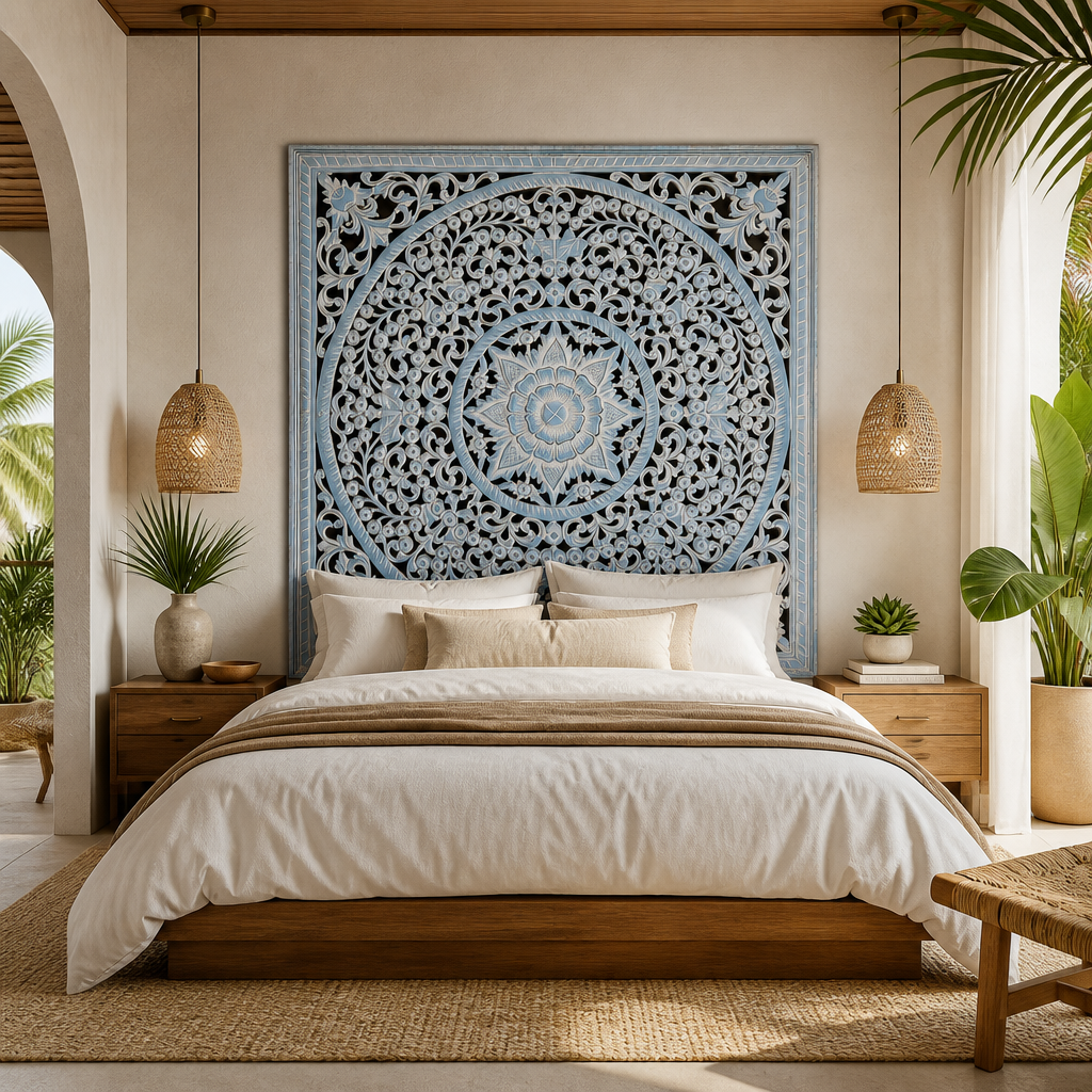 Carved Bed Headboard "Peony" in Light Blue Wash