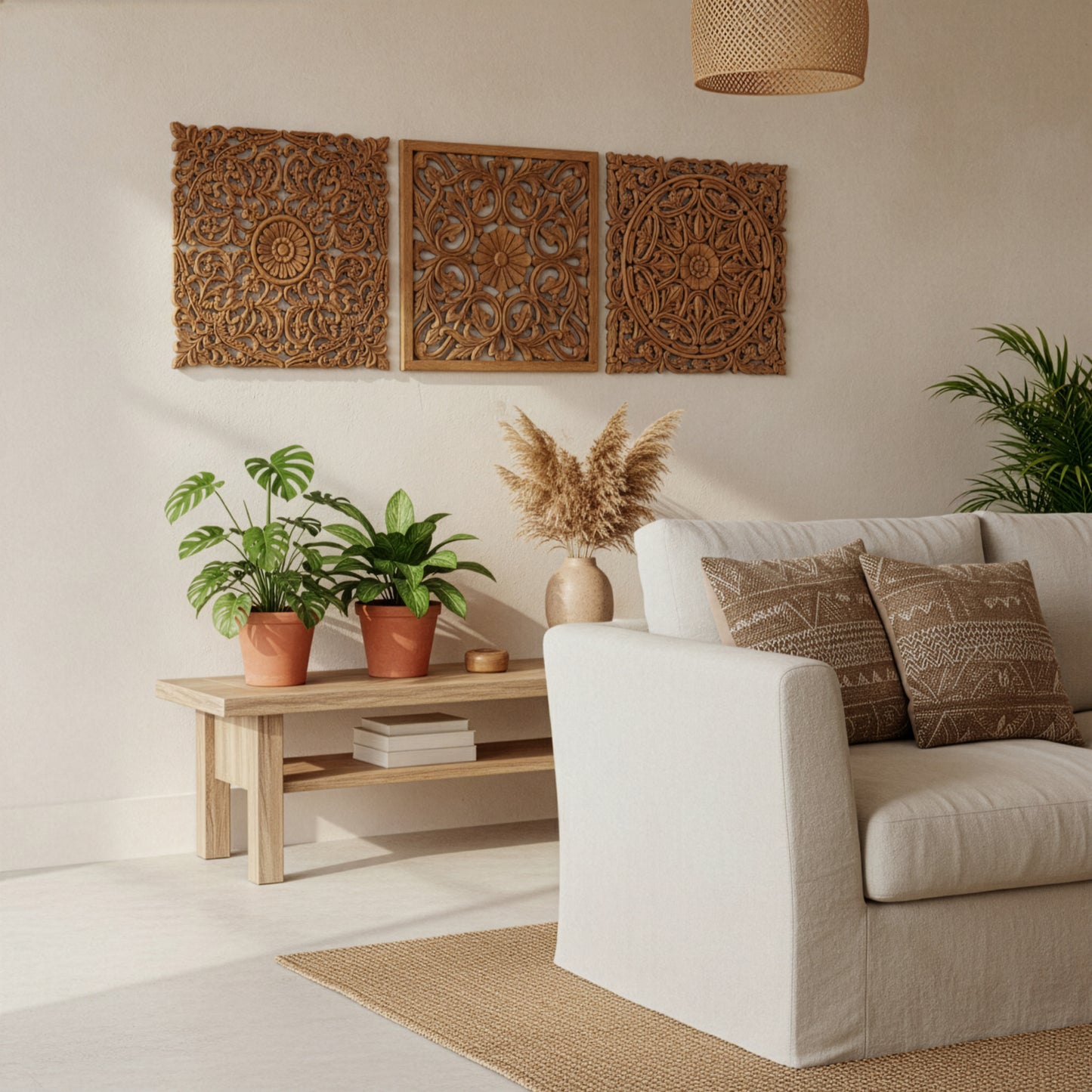 Set of 3 Decorative Panels "Pererenan" - Natural Brown - 50 x 50 cm