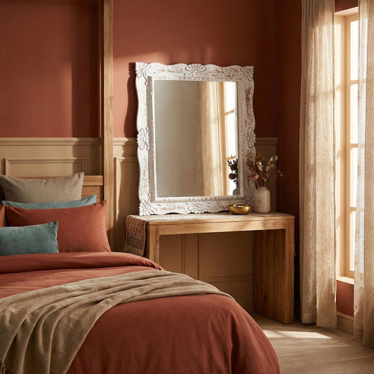 Hand Carved Mirror "Pertiwi" - White Wash - 90  cm