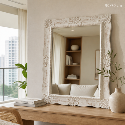 Hand Carved Mirror "Pertiwi" - White Wash - 90  cm
