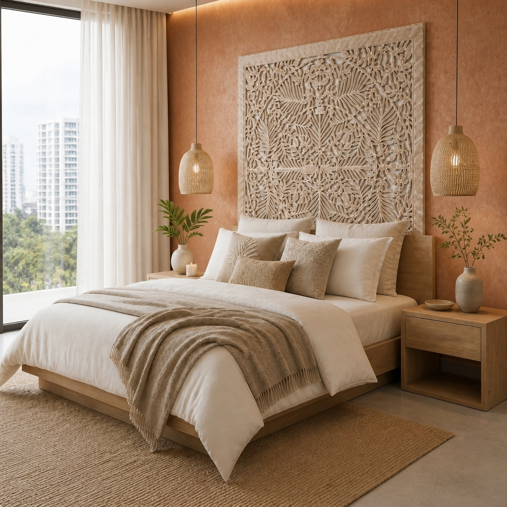Hand Carved Full Bed Headboard 'Pucuk' - Antique wash