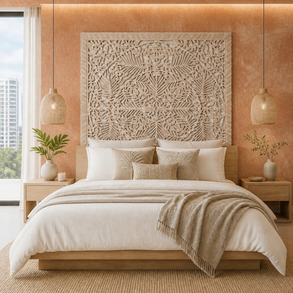 Hand Carved Full Bed Headboard 'Pucuk' - Antique wash