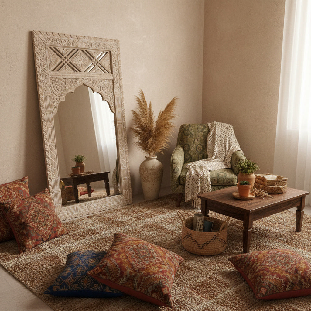 Hand Carved Wooden Mirror 'Sekarupa' - White Wash - 180 x 90 cm