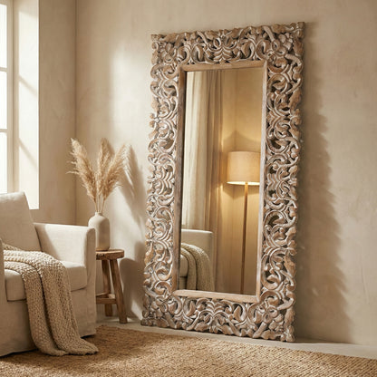 Hand Carved Mirror "Semesta" - Natural Wash - 150 cm