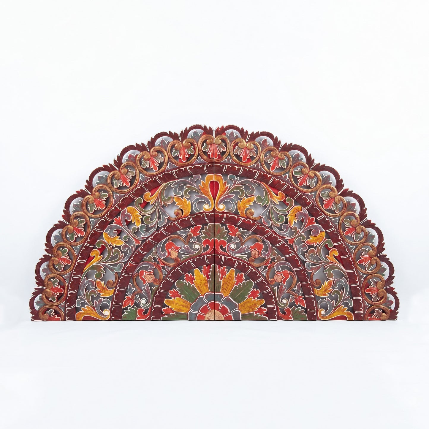 Hand Carved Half-moon Mandala Bed headboard - 'Sri' in Multi Color Red