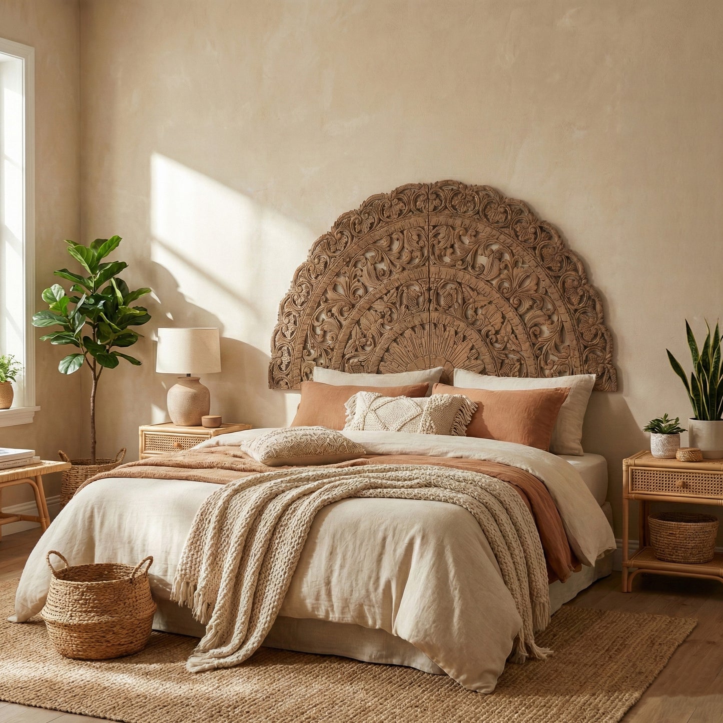 Hand Carved Half-moon Mandala Bed headboard - 'Sri' in Natural Brown