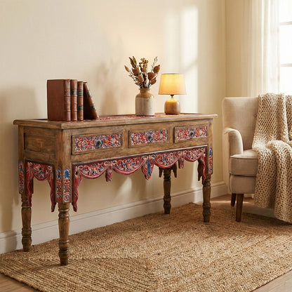 Wooden Carved Console Table "Srikandi" - Red & Blue Wash - 150 cm