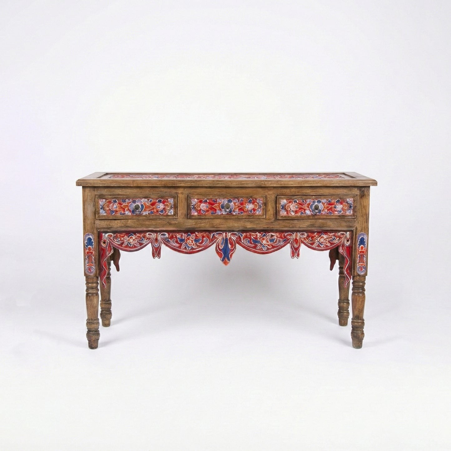 Wooden Carved Console Table "Srikandi" - Red & Blue Wash - 150 cm