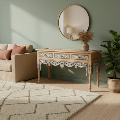 Wooden Carved Console Table "Srikandi" - Blue & White Wash - 150 cm