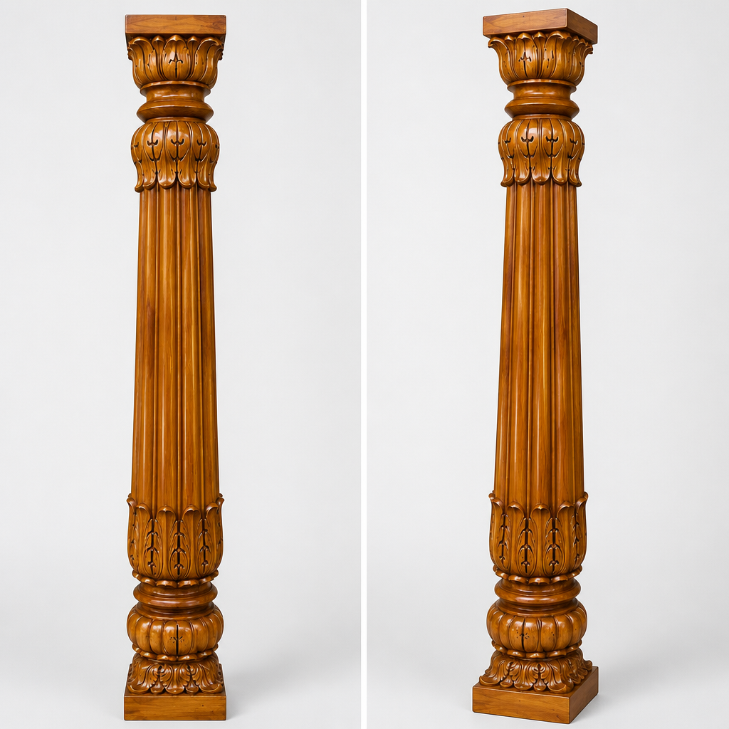 Two matching ornate wooden decorative columns shown side by side against a light gray studio background. The columns have a warm medium-brown finish and are shown from slightly different angles to highlight their carved details.