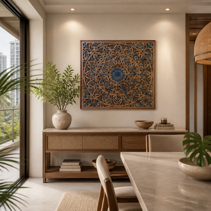 Carved Decorative Panel "Tropis" in Blue & Brown Wash - 100 x 100 cm