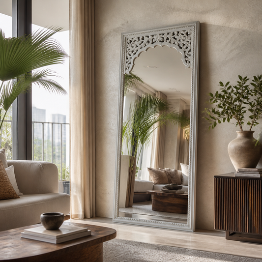 Hand Carved Mirror "Cahaya" - White - 180 x 80 cm