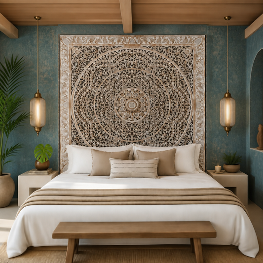 Carved Bed Headboard 'Malawi' - Antique Wash