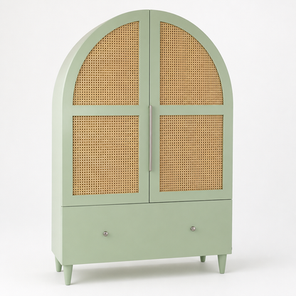 Wooden & Rattan Carved Wardrobe "Cemagi" - Sage & Natural - 200 x 100 cm