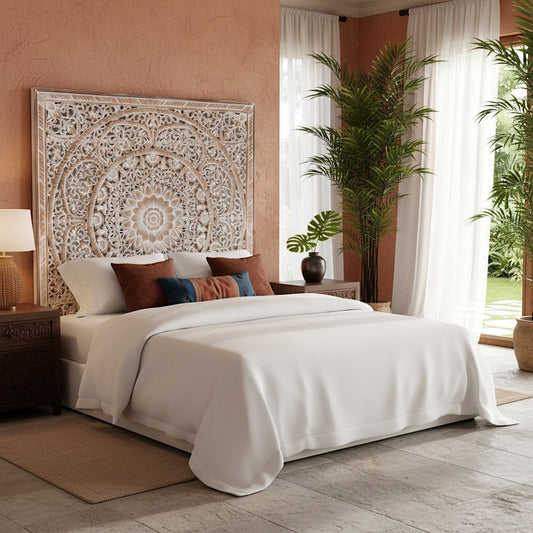 Carved Full Bed Headboard "Manusa" - Antic-wash