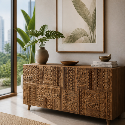 Wooden Carved Sideboard Console Cabinet "Nusantara" - Natural - 180 cm