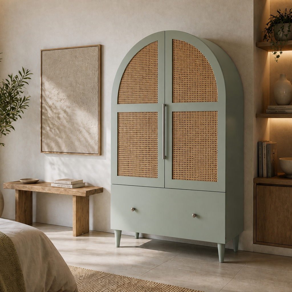 Wooden & Rattan Carved Wardrobe "Cemagi" - Sage & Natural - 200 x 100 cm
