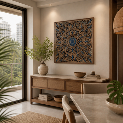 Carved Decorative Panel "Tropis" in Blue & Brown Wash - 100 x 100 cm