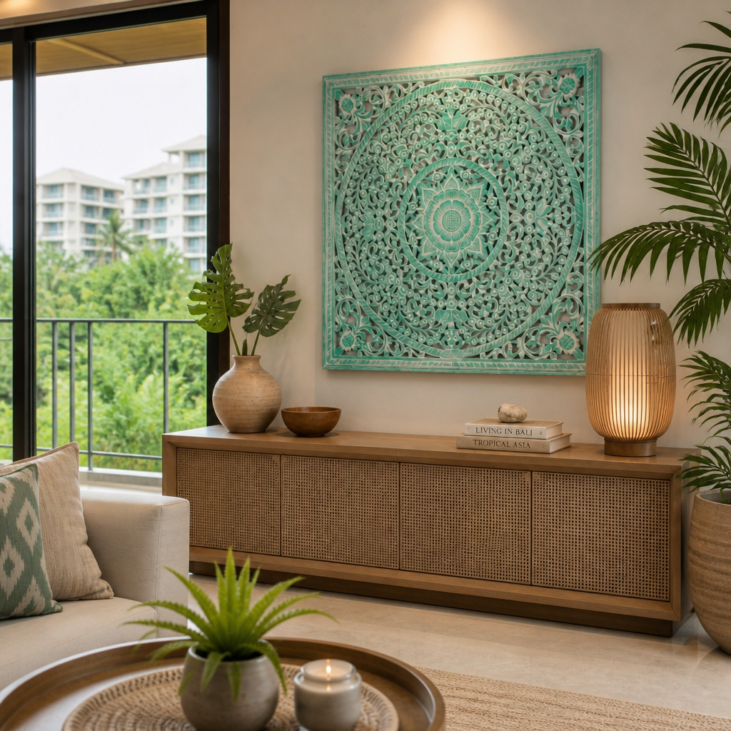 Carved Decorative Panel "Peony" in Green Wash - 110 x 110 cm