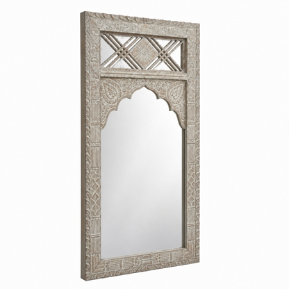 Hand Carved Wooden Mirror 'Sekarupa' - White Wash - 180 x 90 cm