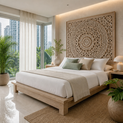 Carved Bed Headboard "Berawa" - Antic Wash