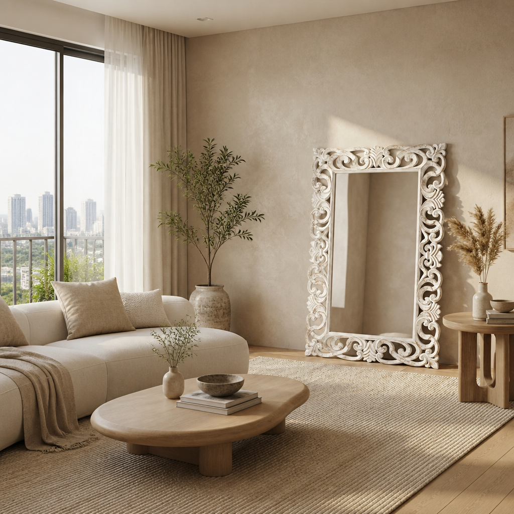 Hand-Carved Mirror “Bimasakti” – White Wash – 150 x 100 cm