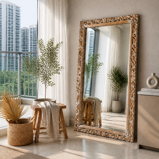 Hand Carved Mirror "Hening" - Natural Wash - 180 x 100 cm