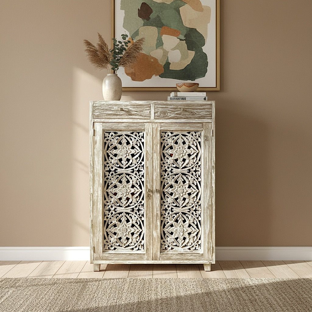 Wooden Hand Carved Cabinet 'Aura' - Natural Wash - 140 cm