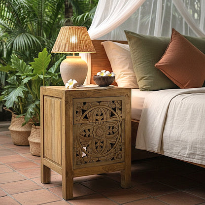 Wooden Carved Bedside Table 'Amed' - Natural