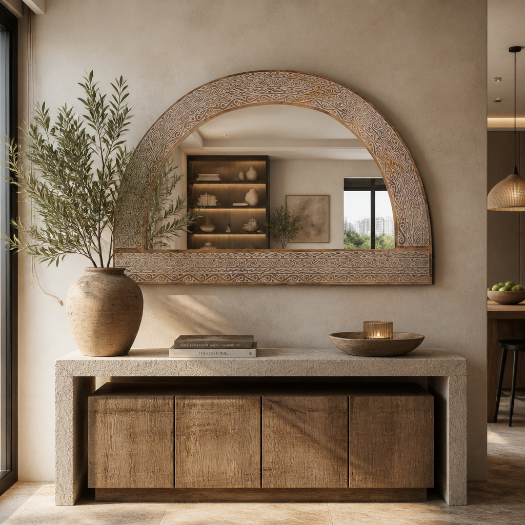 Wooden Carved Mirror Arch "Aruni"  - Natural Wash - 140 x 90 cm