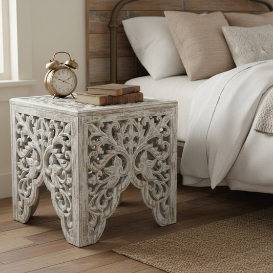 Carved Bedside Table "Ratu" - Antic Wash