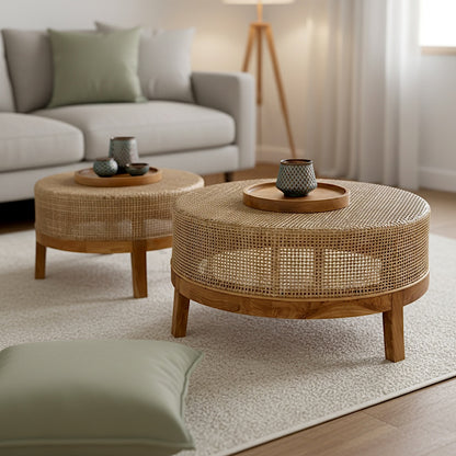 Set of 2 Teak & Rattan Coffee Table "Satria" - 90 cm and 70 cm
