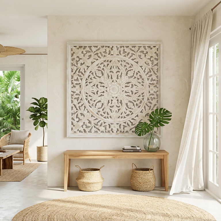 Carved Decorative Panel "Ceningan" - White Wash - 100 x 100 cm