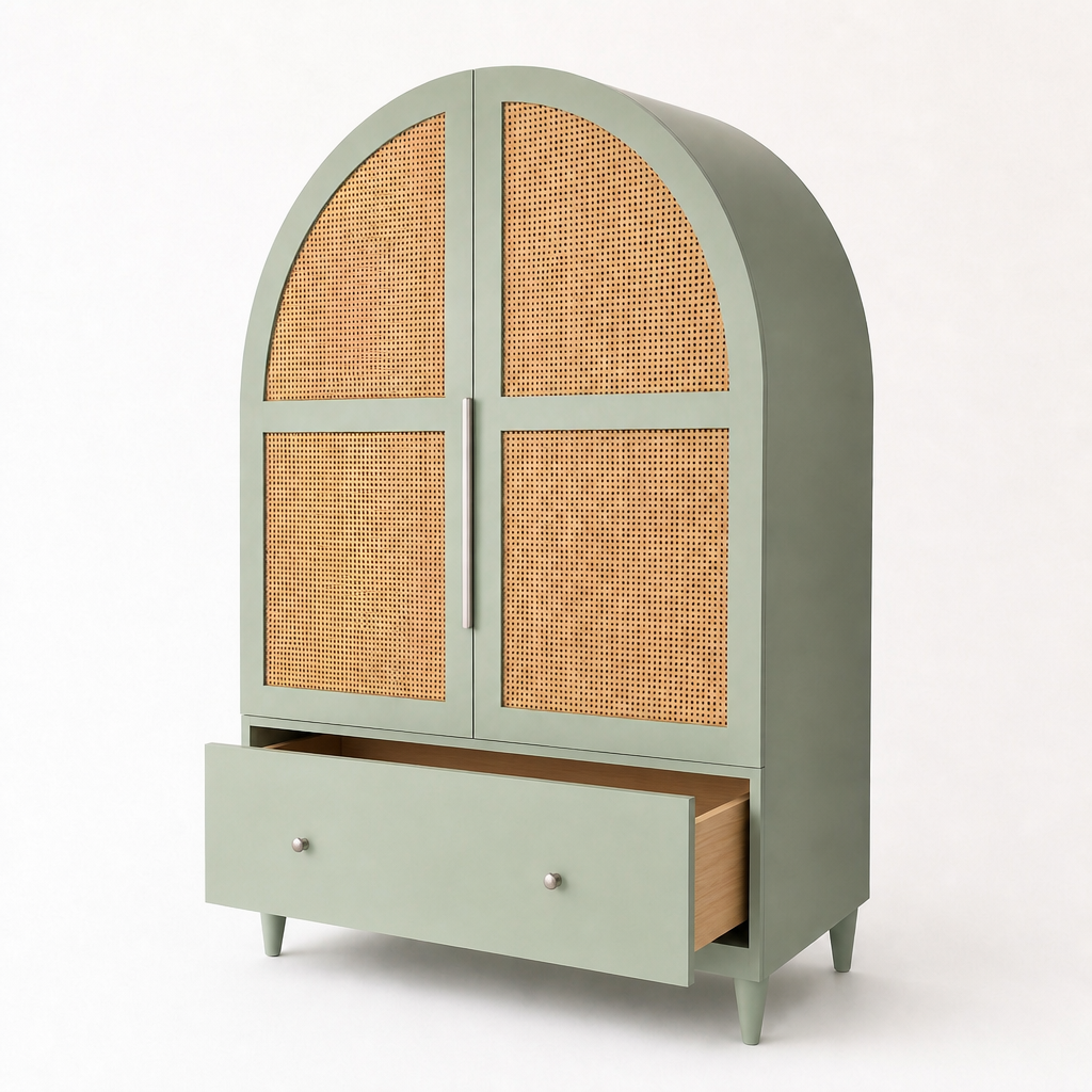 Wooden & Rattan Carved Wardrobe "Cemagi" - Sage & Natural - 200 x 100 cm
