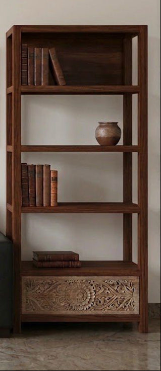 Custom Teak Wood Hand-Carved Bookshelf – 165 x 62 x 30 cm - Natural & Antic