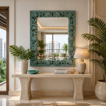 Hand-carved Wooden Mirror "Camélia" - Distressed Turquoise - 120 x 90 cm