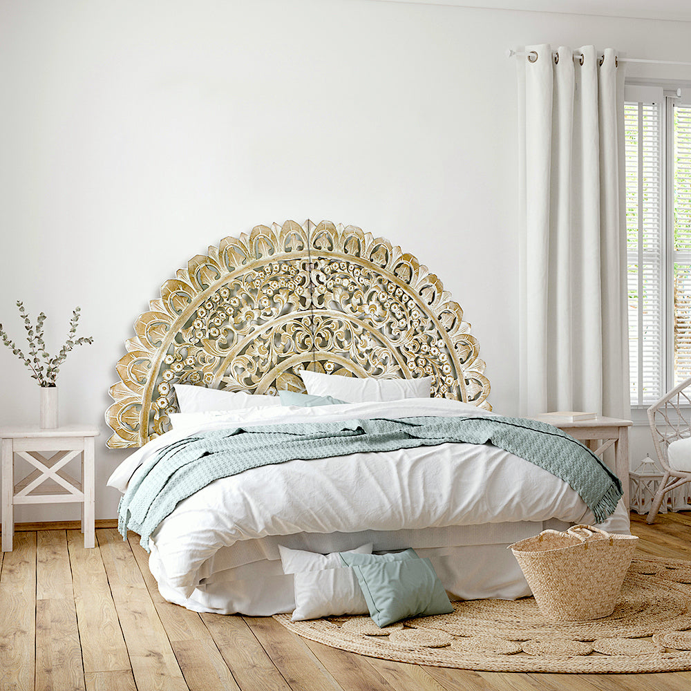 Queen Size Half-moon Mandala Bed headboard 'Semanggi' in Antic Wash - 60 inches