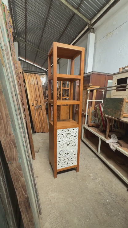 Teak Wood Hand-Carved Tall Display Shelf Cabinet with Drawers 'Mahesa' – 180 cm - Natural & White