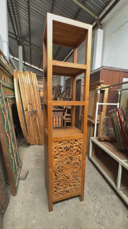 Teak Wood Hand-Carved Tall Display Shelf Cabinet with Drawers 'Mahesa' – 180 cm – Natural