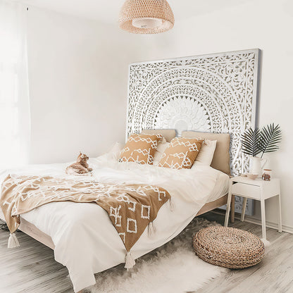 Giant Wood Wall Art / Full Bed Headboard "Seruni"- White - [US-stock]