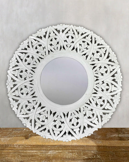 Hand Carved Mirror "Wanasari" White Wash - 70 cm - Kulture Home Decor