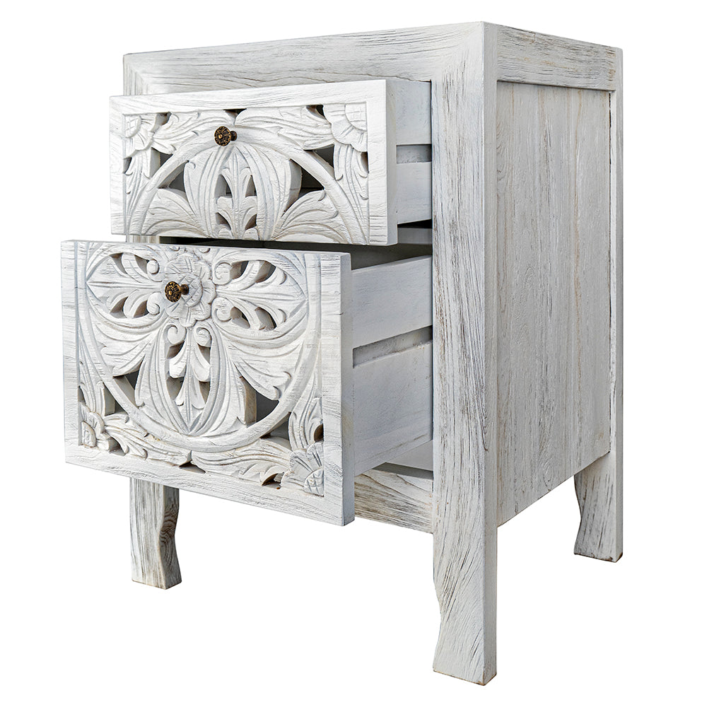 Carved Bedside Table 'Amed' - White wash