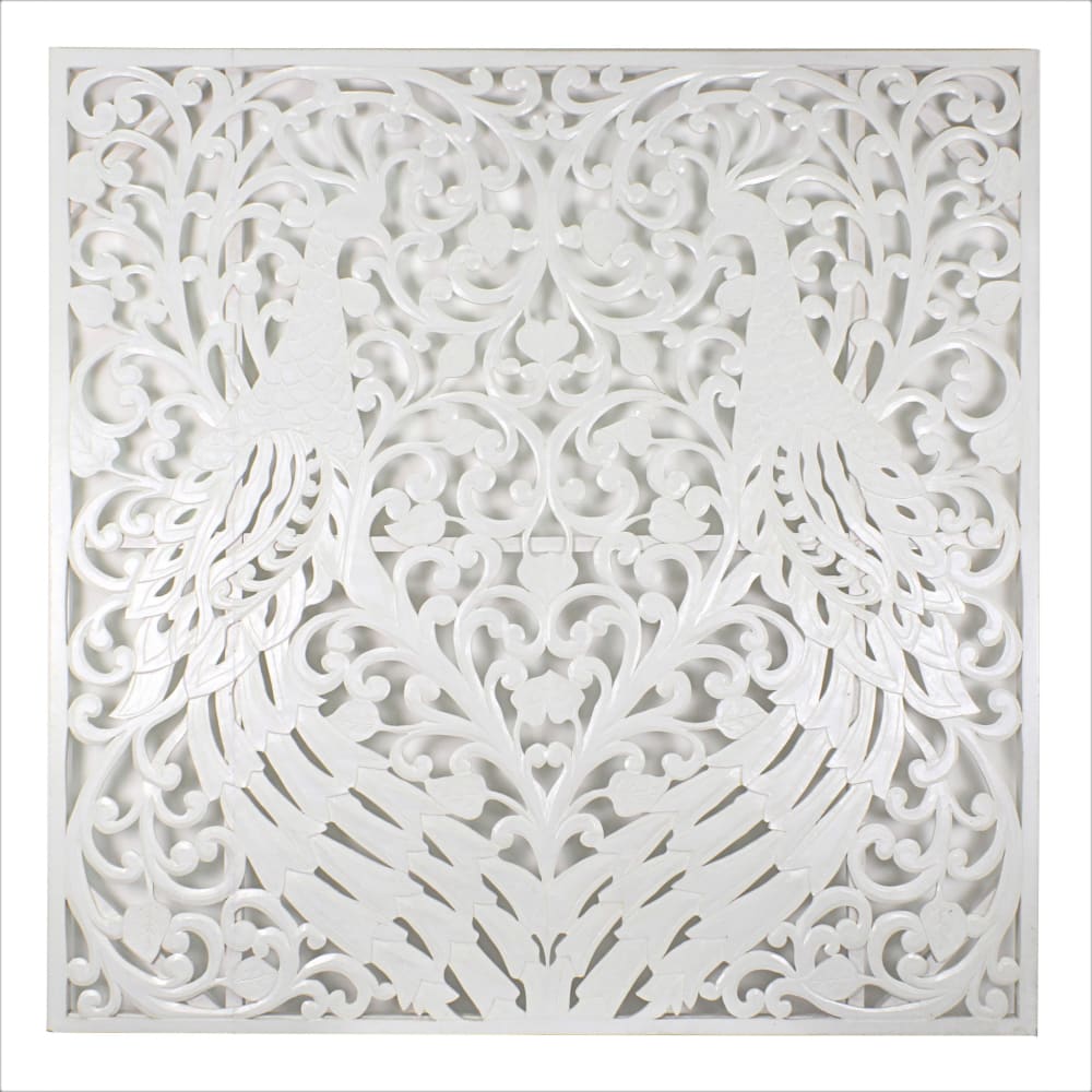 Bed Headboard Carved Peacock - White