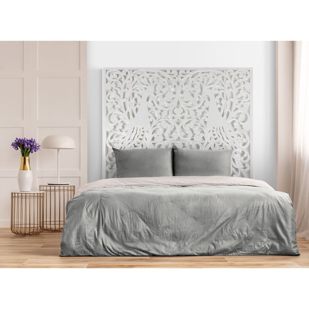 Bed Headboard Carved Peacock - White