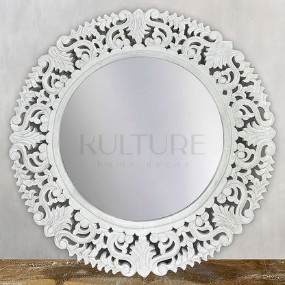 Hand Carved Mirror "Amed" White Wash - 70 cm